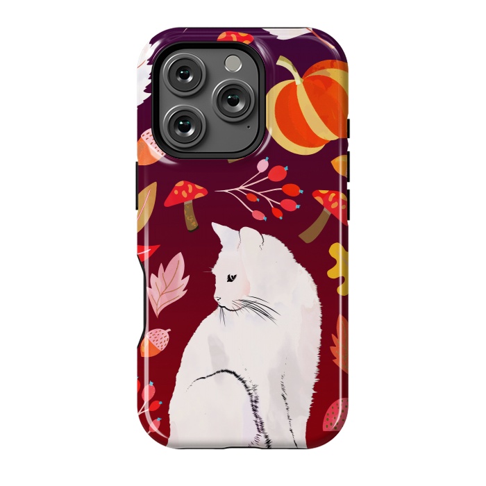 iPhone 16 Pro StrongFit White cat and autumn nature pattern by Oana 