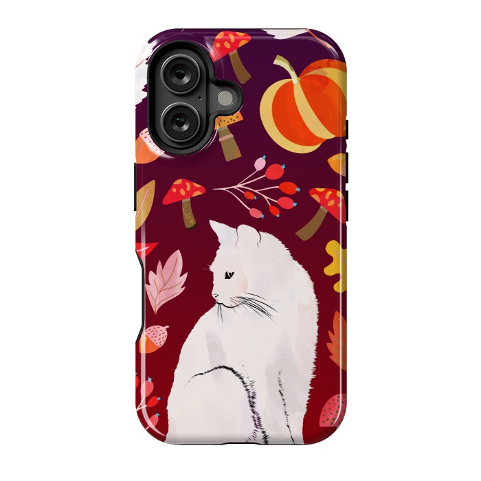 iPhone 16 StrongFit White cat and autumn nature pattern by Oana 