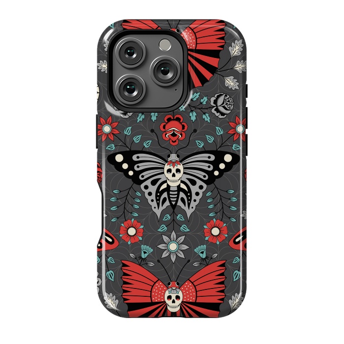 iPhone 16 Pro StrongFit Gothic Halloween Skulls, Butterflies Flowers on a dark gray background by Portia Monberg