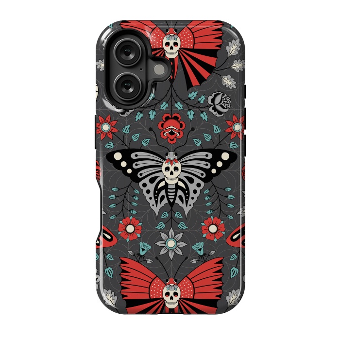 iPhone 16 StrongFit Gothic Halloween Skulls, Butterflies Flowers on a dark gray background by Portia Monberg