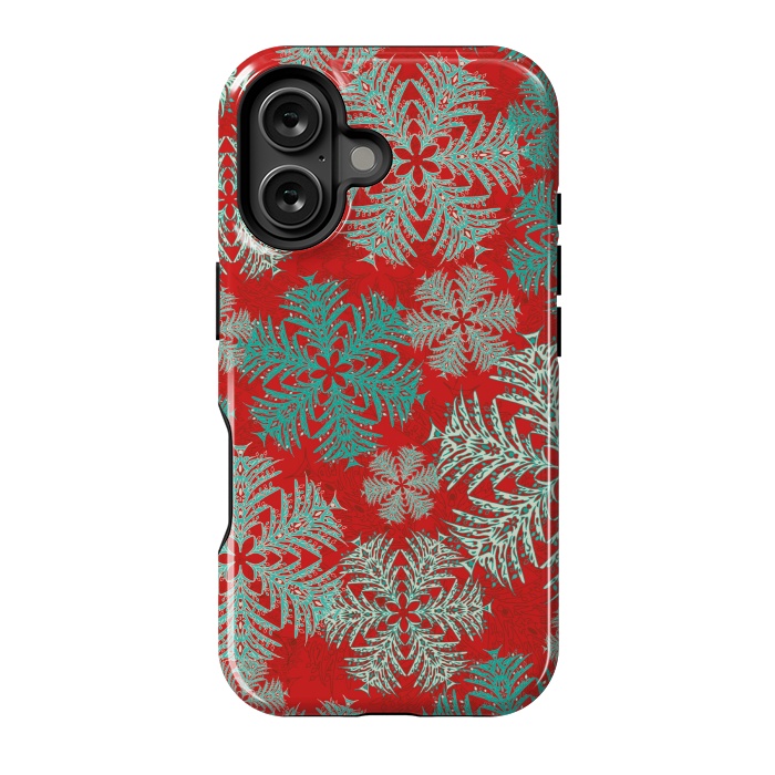 iPhone 16 StrongFit Xmas Snowflakes Red Aqua by Lotti Brown