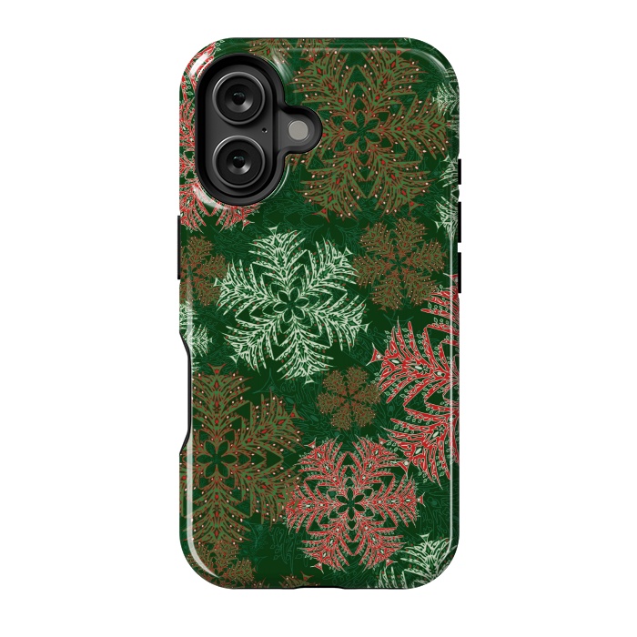 iPhone 16 StrongFit Xmas Snowflakes Red & Green by Lotti Brown