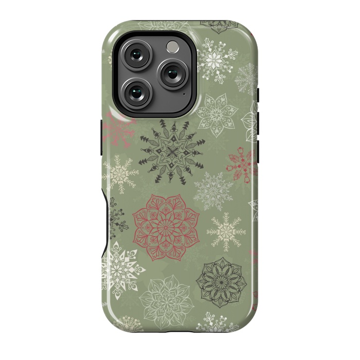 iPhone 16 Pro StrongFit Christmas Snowflakes on Dark Green by Paula Ohreen