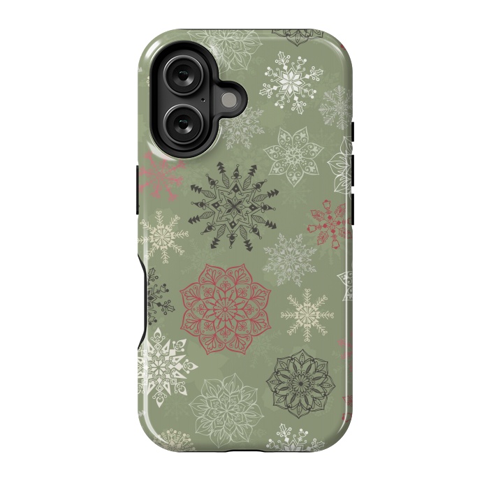 iPhone 16 StrongFit Christmas Snowflakes on Dark Green by Paula Ohreen