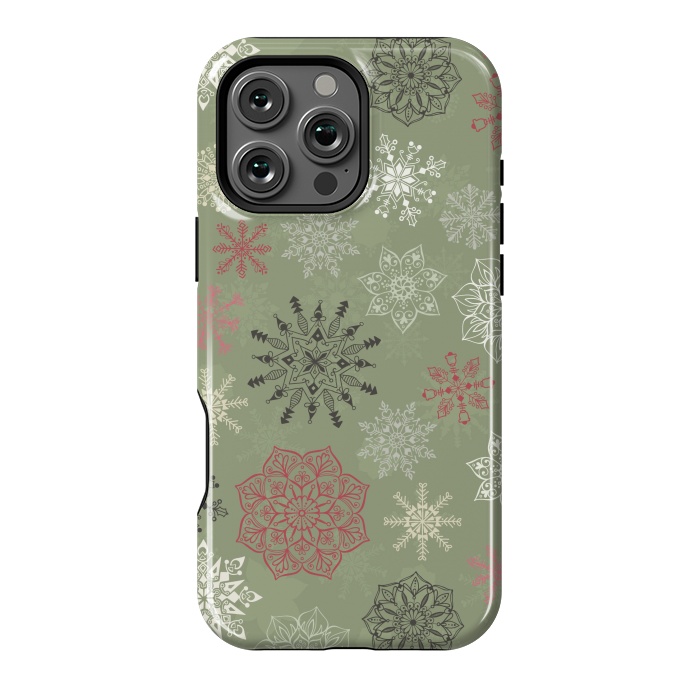 iPhone 16 Pro Max StrongFit Christmas Snowflakes on Dark Green by Paula Ohreen