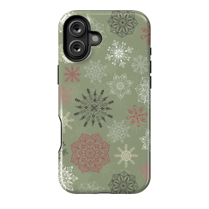 iPhone 16 Plus StrongFit Christmas Snowflakes on Dark Green by Paula Ohreen