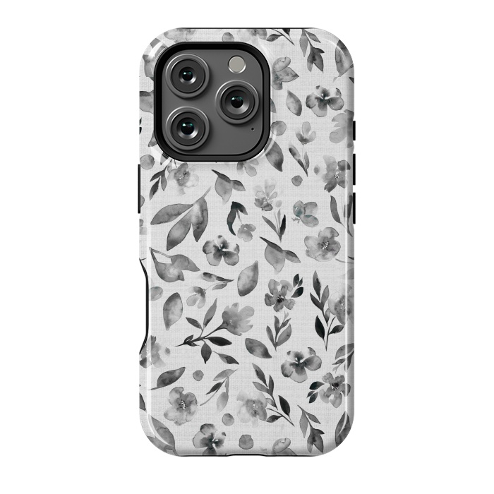 iPhone 16 Pro StrongFit Watercolor Textured Floral Toss - Black and White by Paula Ohreen