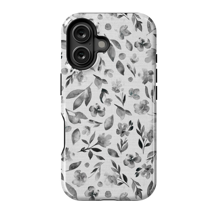 iPhone 16 StrongFit Watercolor Textured Floral Toss - Black and White by Paula Ohreen