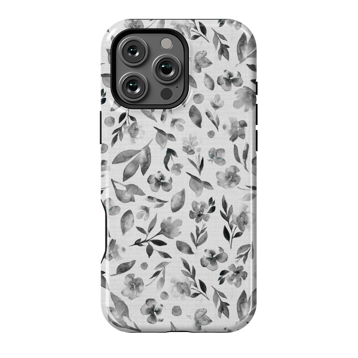 iPhone 16 Pro Max StrongFit Watercolor Textured Floral Toss - Black and White by Paula Ohreen