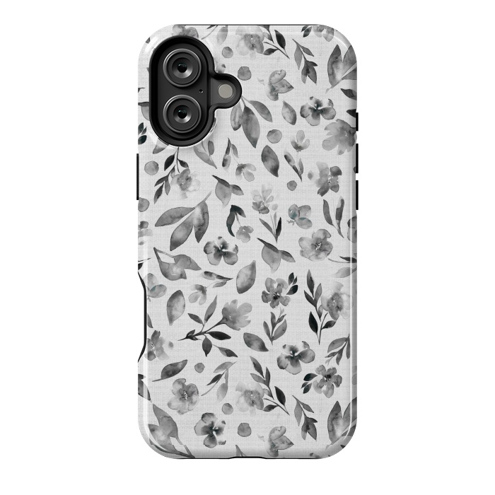 iPhone 16 Plus StrongFit Watercolor Textured Floral Toss - Black and White by Paula Ohreen