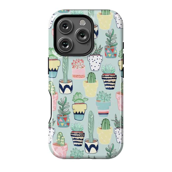 iPhone 16 Pro StrongFit Cute Cacti In Pots on Mint Green by Tangerine-Tane