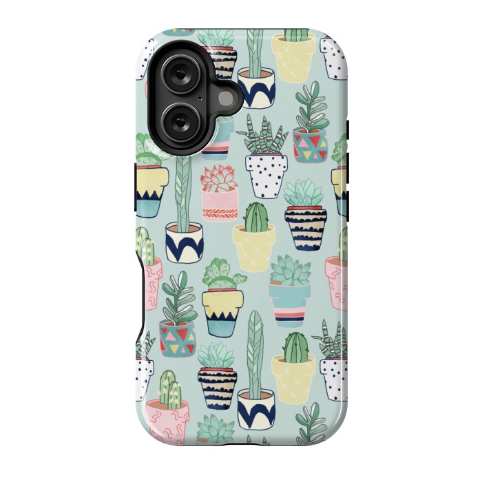 iPhone 16 StrongFit Cute Cacti In Pots on Mint Green by Tangerine-Tane