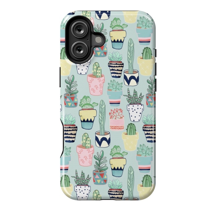 iPhone 16 Plus StrongFit Cute Cacti In Pots on Mint Green by Tangerine-Tane