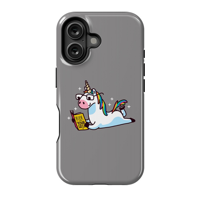 iPhone 16 StrongFit Unicorn Reading Book Believe in Yourself Floor by Vó Maria