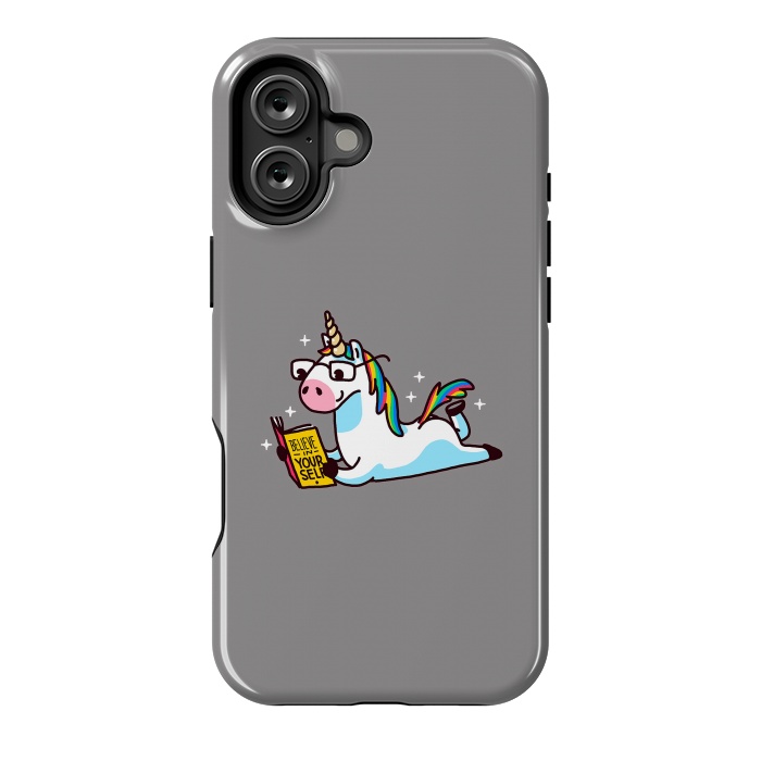 iPhone 16 Plus StrongFit Unicorn Reading Book Believe in Yourself Floor by Vó Maria