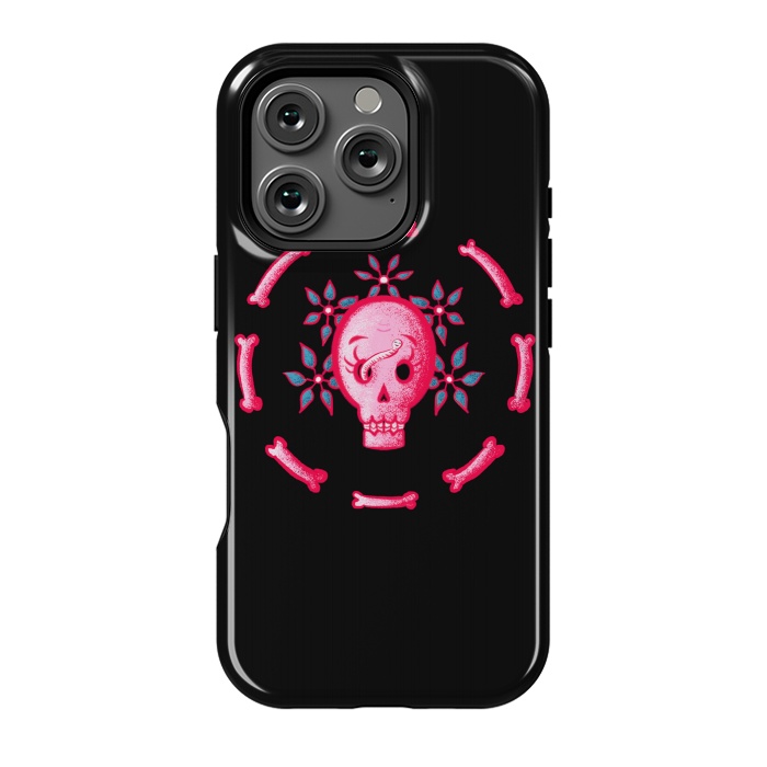 iPhone 16 Pro StrongFit Funny Skull In Pink With Flowers And Bones by Boriana Giormova