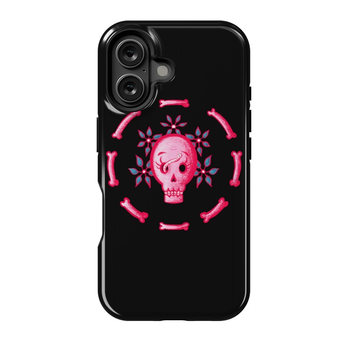 iPhone 16 StrongFit Funny Skull In Pink With Flowers And Bones by Boriana Giormova