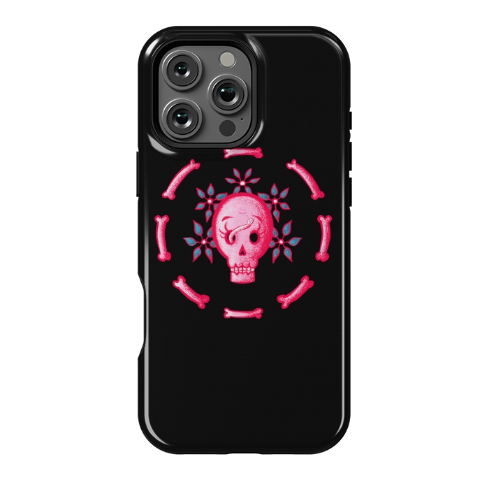 iPhone 16 Pro Max StrongFit Funny Skull In Pink With Flowers And Bones by Boriana Giormova