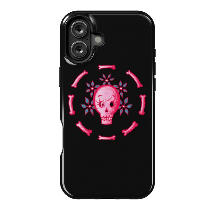 iPhone 16 Plus StrongFit Funny Skull In Pink With Flowers And Bones by Boriana Giormova