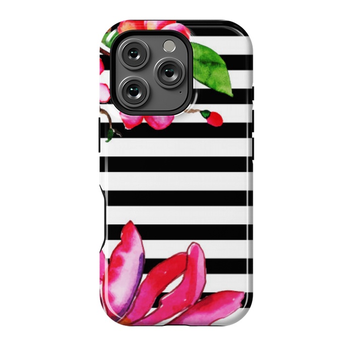 iPhone 16 Pro StrongFit black white stripes floral pink pattern by MALLIKA