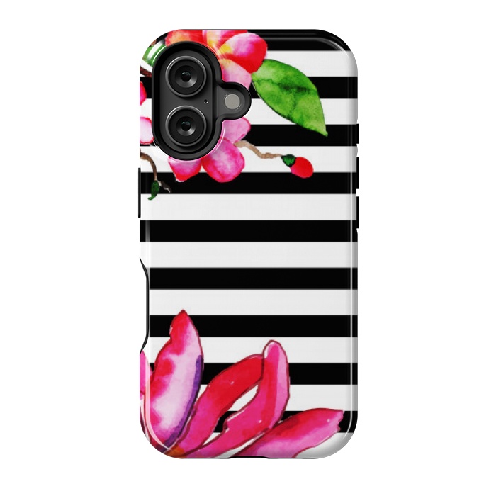 iPhone 16 StrongFit black white stripes floral pink pattern by MALLIKA