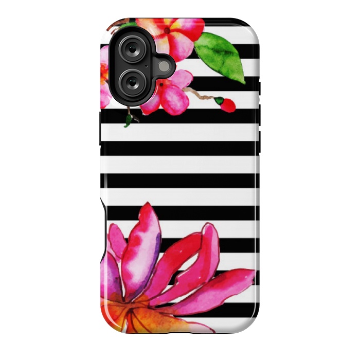 iPhone 16 Plus StrongFit black white stripes floral pink pattern by MALLIKA