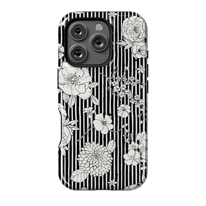 iPhone 16 Pro StrongFit Flowers and Stripes Black and White by Ninola Design