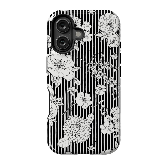 iPhone 16 StrongFit Flowers and Stripes Black and White by Ninola Design