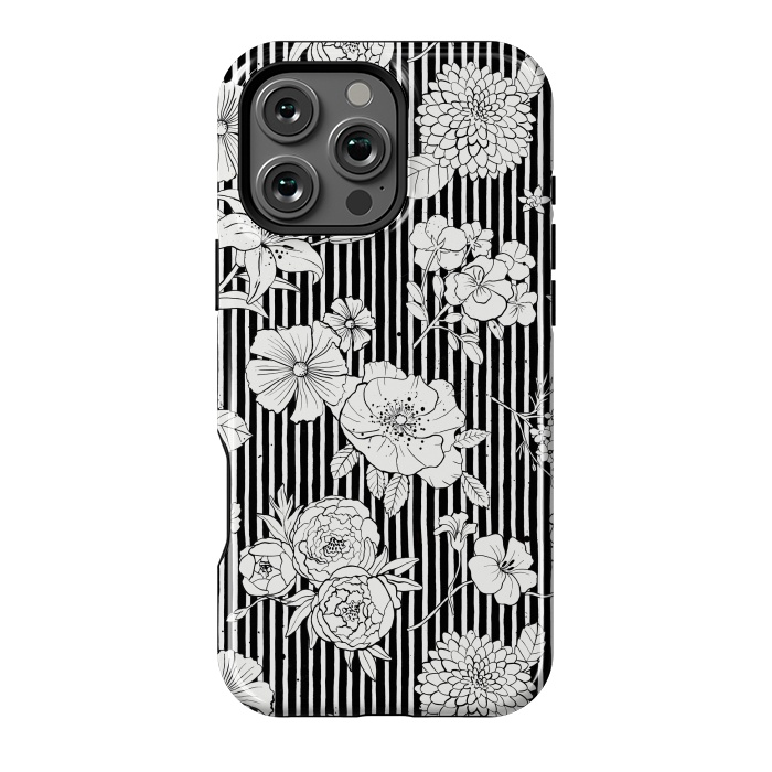 iPhone 16 Pro Max StrongFit Flowers and Stripes Black and White by Ninola Design