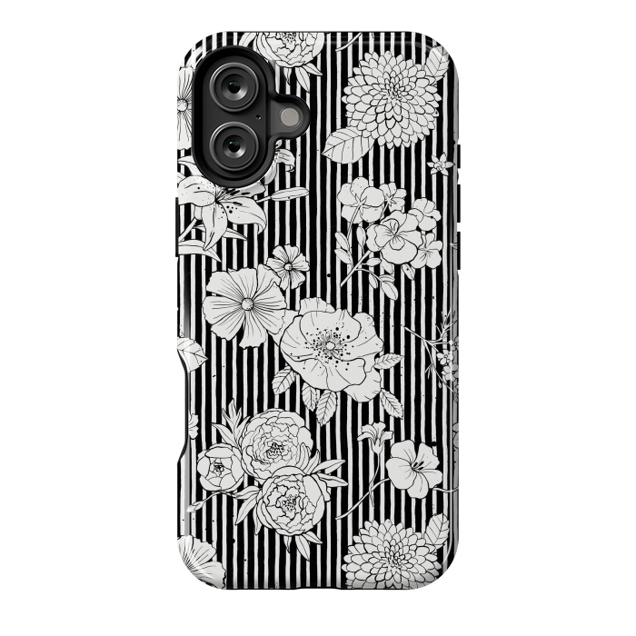 iPhone 16 Plus StrongFit Flowers and Stripes Black and White by Ninola Design