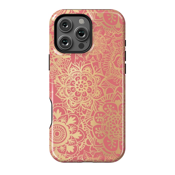 iPhone 16 Pro Max StrongFit Coral Pink and Gold Mandala Pattern by Julie Erin Designs