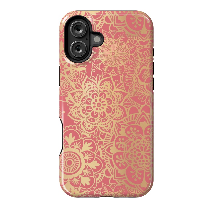 iPhone 16 Plus StrongFit Coral Pink and Gold Mandala Pattern by Julie Erin Designs