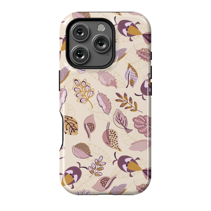 iPhone 16 Pro StrongFit Cute parrots in a fun tossed pattern with funky leaves in purple and mustard by Paula Ohreen