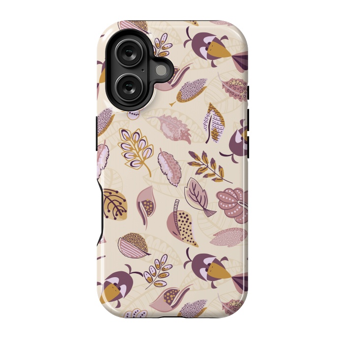 iPhone 16 StrongFit Cute parrots in a fun tossed pattern with funky leaves in purple and mustard by Paula Ohreen