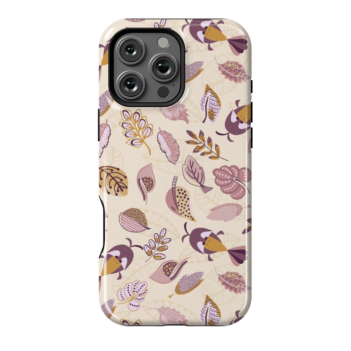 iPhone 16 Pro Max StrongFit Cute parrots in a fun tossed pattern with funky leaves in purple and mustard by Paula Ohreen