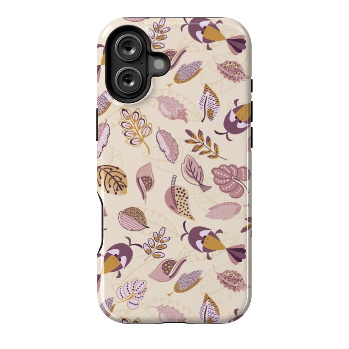 iPhone 16 Plus StrongFit Cute parrots in a fun tossed pattern with funky leaves in purple and mustard by Paula Ohreen