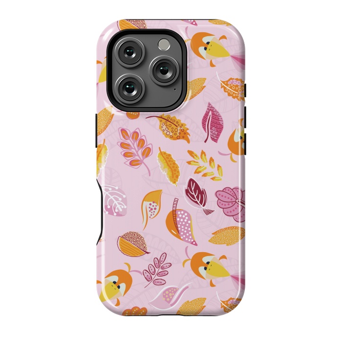 iPhone 16 Pro StrongFit Cute parrots in a fun tossed pattern with funky leaves in pink and orange by Paula Ohreen