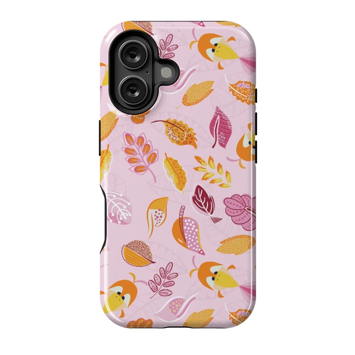 iPhone 16 StrongFit Cute parrots in a fun tossed pattern with funky leaves in pink and orange by Paula Ohreen