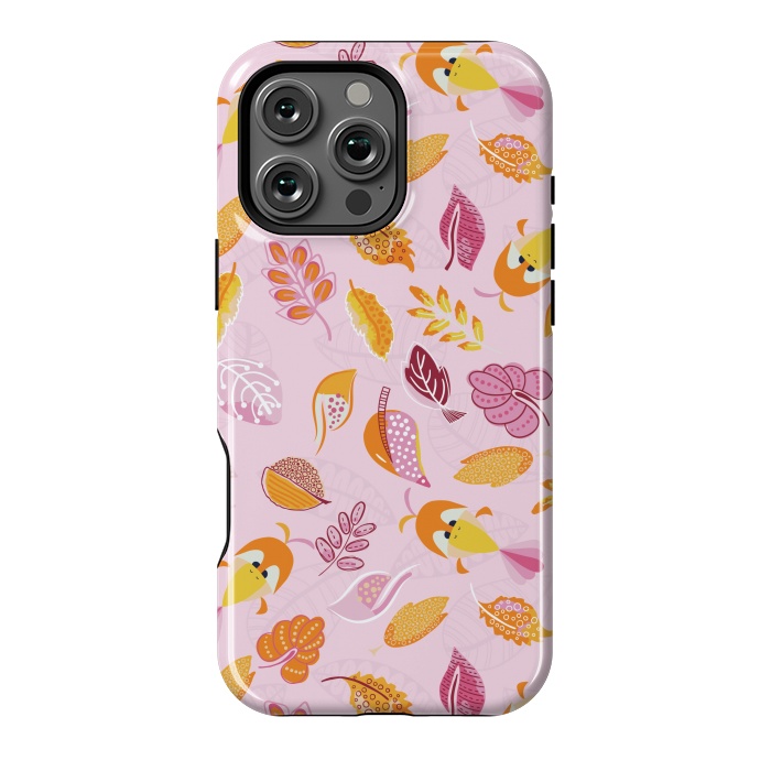 iPhone 16 Pro Max StrongFit Cute parrots in a fun tossed pattern with funky leaves in pink and orange by Paula Ohreen