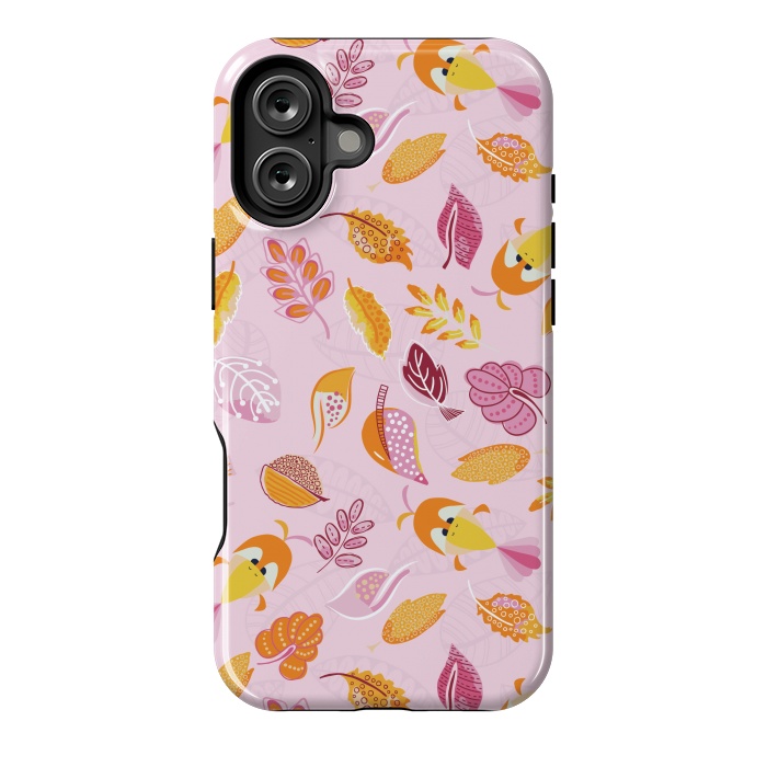 iPhone 16 Plus StrongFit Cute parrots in a fun tossed pattern with funky leaves in pink and orange by Paula Ohreen