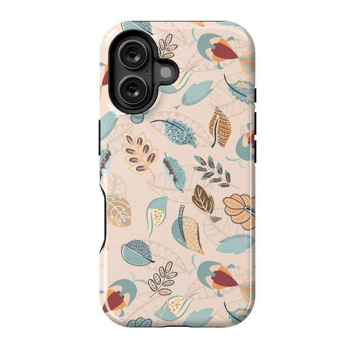 iPhone 16 StrongFit Cute parrots in a fun tossed pattern with funky leaves in blue and red by Paula Ohreen