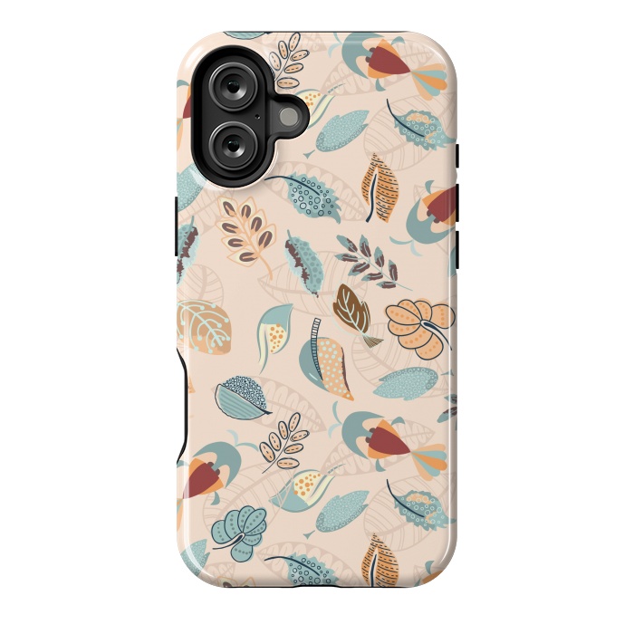 iPhone 16 Plus StrongFit Cute parrots in a fun tossed pattern with funky leaves in blue and red by Paula Ohreen