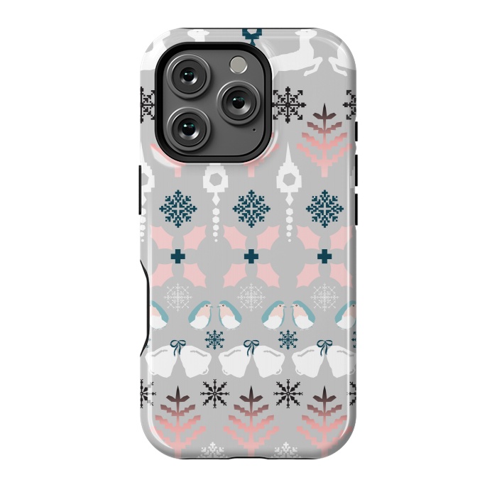 iPhone 16 Pro StrongFit Christmas Fair Isle in Grey, Pink and Blue by Paula Ohreen