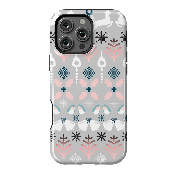 iPhone 16 Pro Max StrongFit Christmas Fair Isle in Grey, Pink and Blue by Paula Ohreen