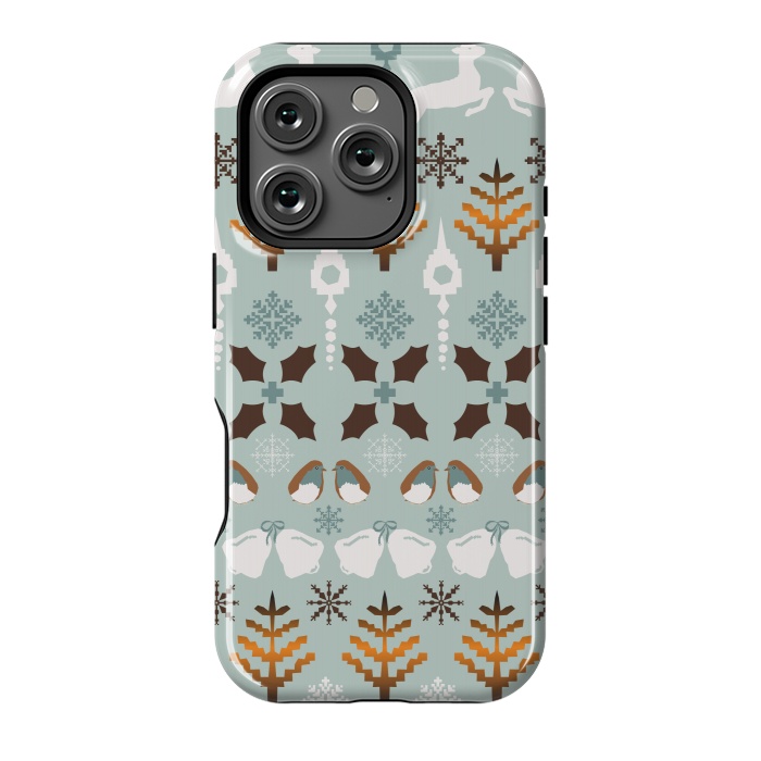 iPhone 16 Pro StrongFit Fair Isle Christmas in blue and brown by Paula Ohreen