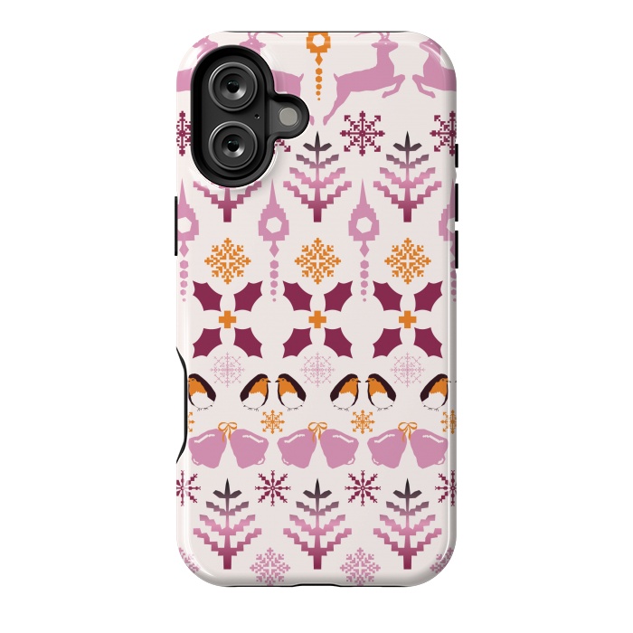 iPhone 16 Plus StrongFit Fair Isle Christmas in pink and orange by Paula Ohreen