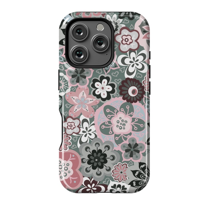 iPhone 16 Pro StrongFit Beautiful Bouquet of Blooms-Dark Grey and Pink by Paula Ohreen