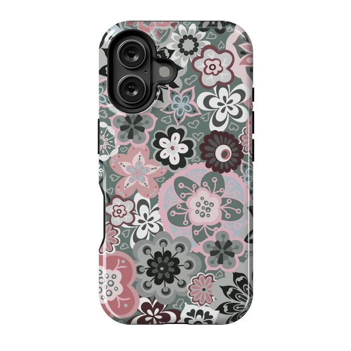 iPhone 16 StrongFit Beautiful Bouquet of Blooms-Dark Grey and Pink by Paula Ohreen