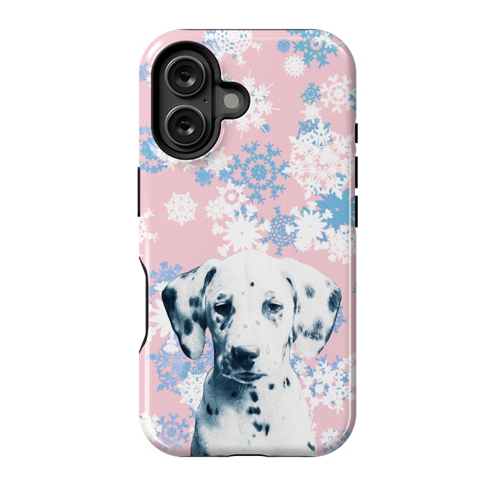 iPhone 16 StrongFit Pink blue dalmatian and snowflakes by Oana 