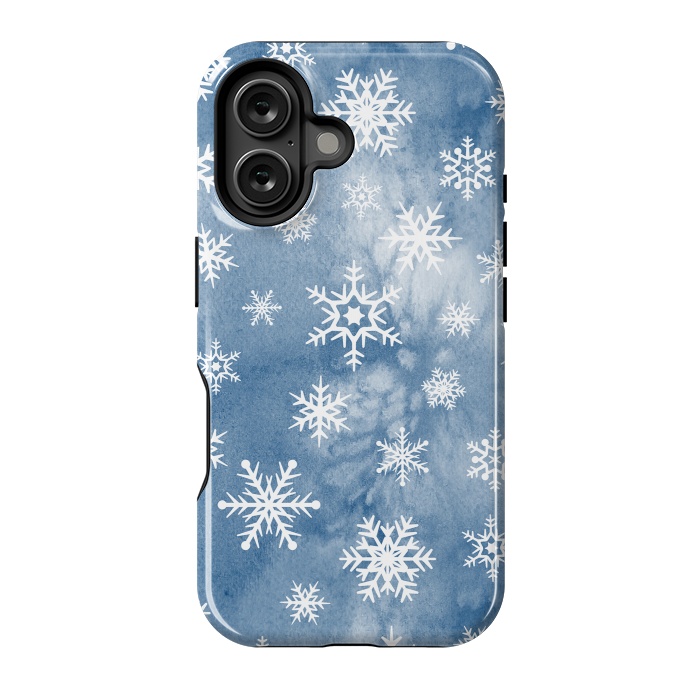 iPhone 16 StrongFit Blue white watercolor Christmas snowflakes by Oana 